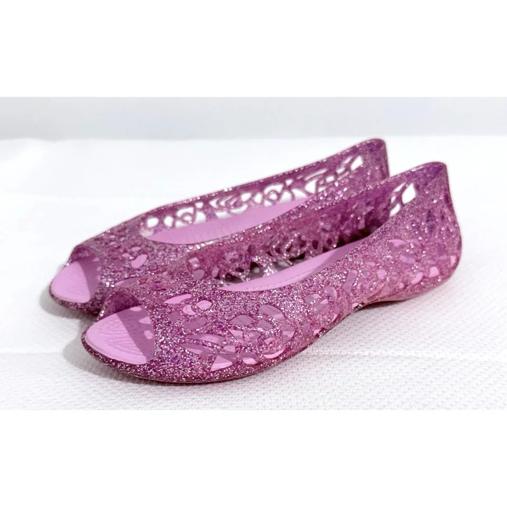 Crocs Isabella Glitter Peep Toe Ballerinas Shoes Girls J 1 Pink Lightweight